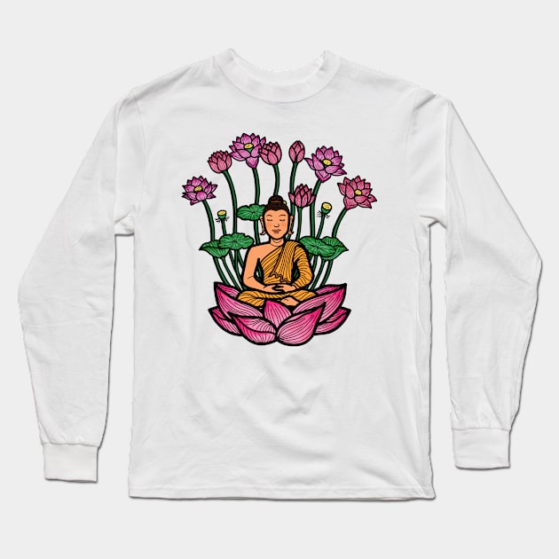 Gautama Buddha sitting meditation lotus pose Long Sleeve T-Shirt by Nalidsa